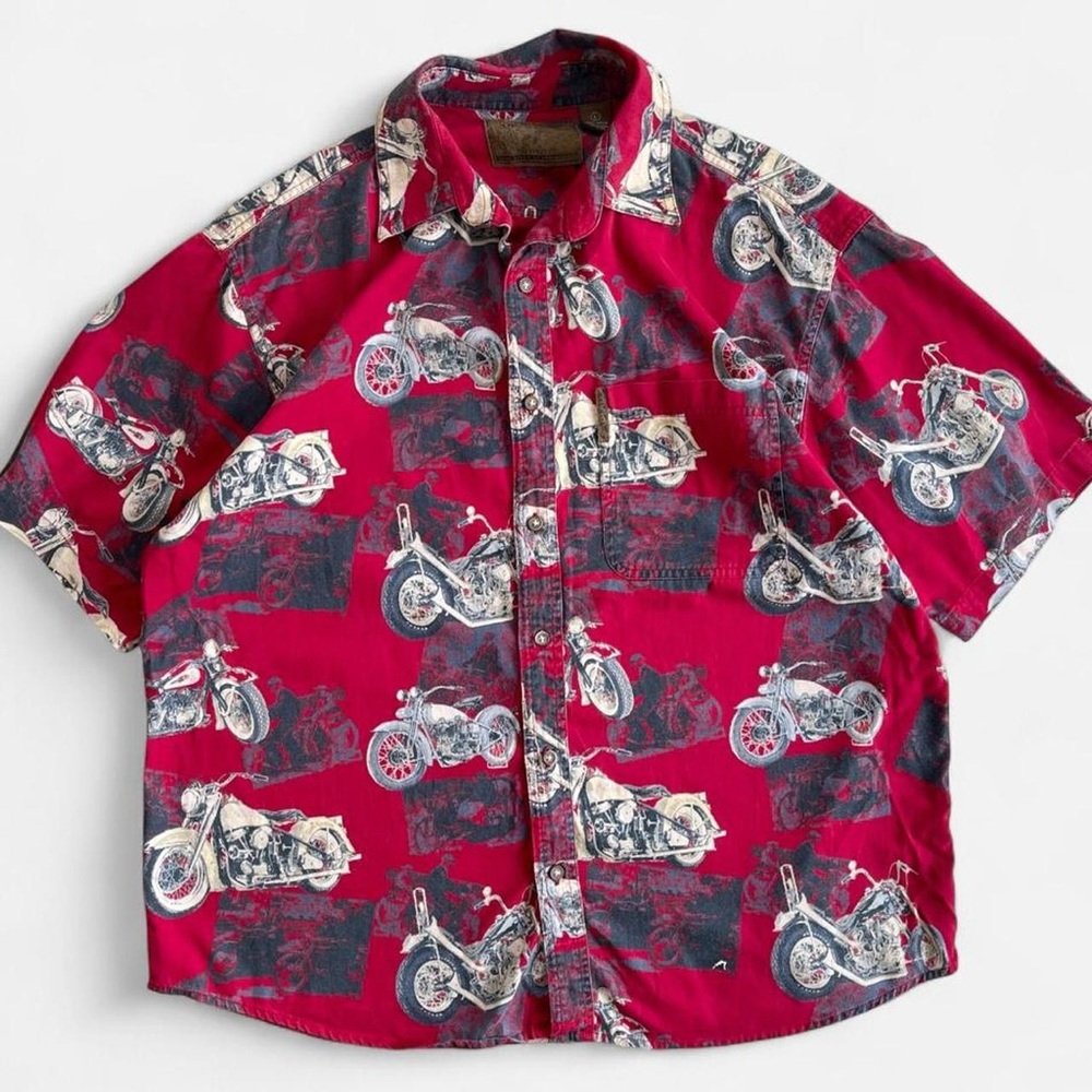 Vintage North River Red Cotton Motorcycle AOP Short Sleeve Button Down Shirt L